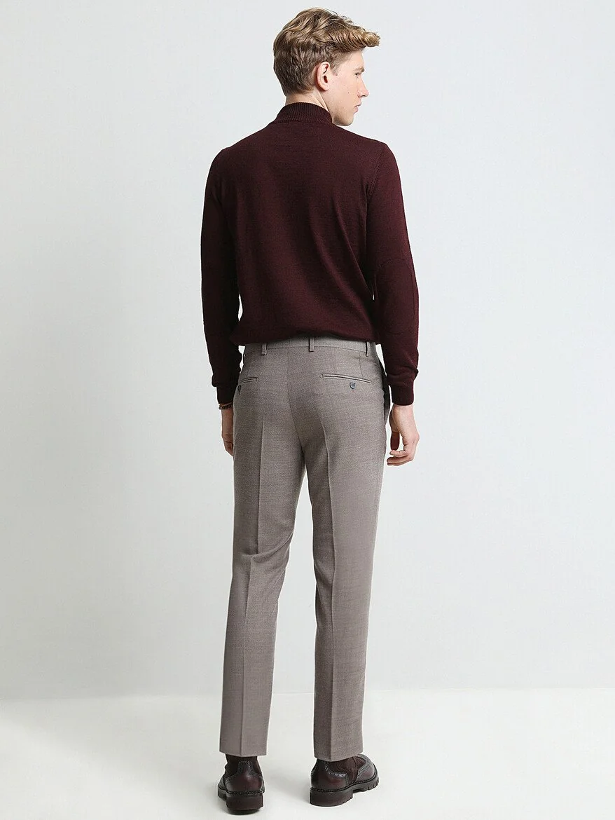 Bej Düz Dokuma Fitted Fit Klasik Yün Karışımlı Pantolon - 5