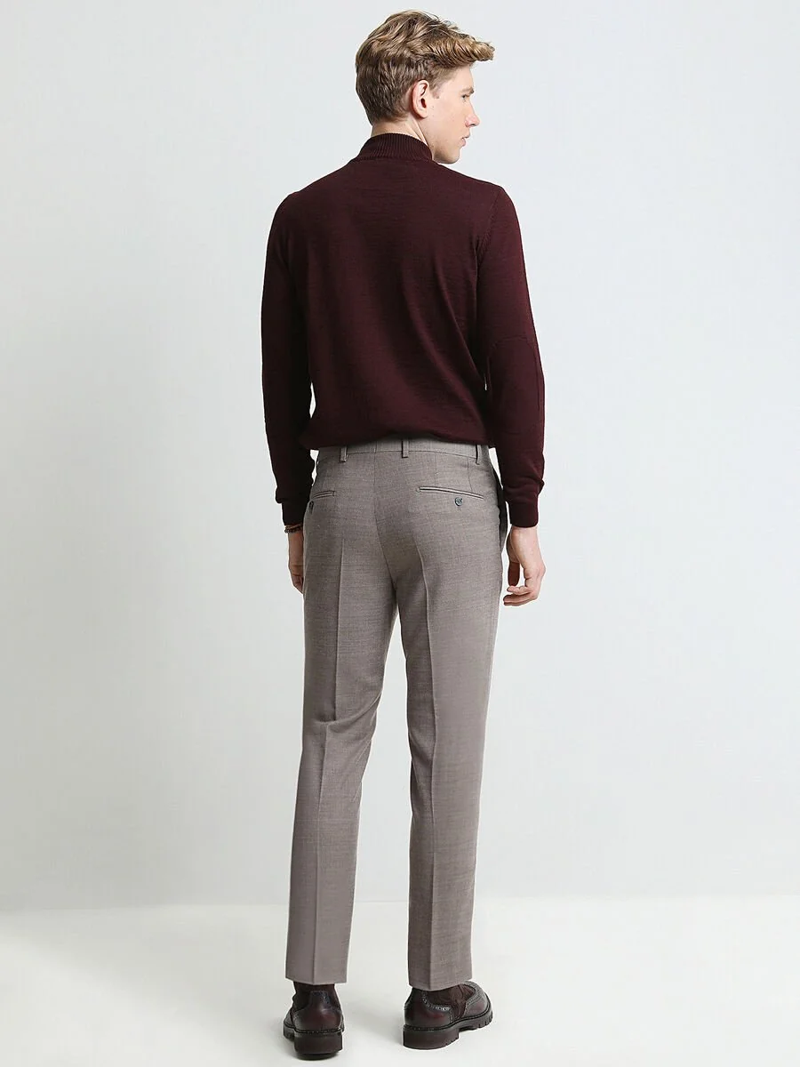Bej Düz Dokuma Fitted Fit Klasik Yün Karışımlı Pantolon - 5