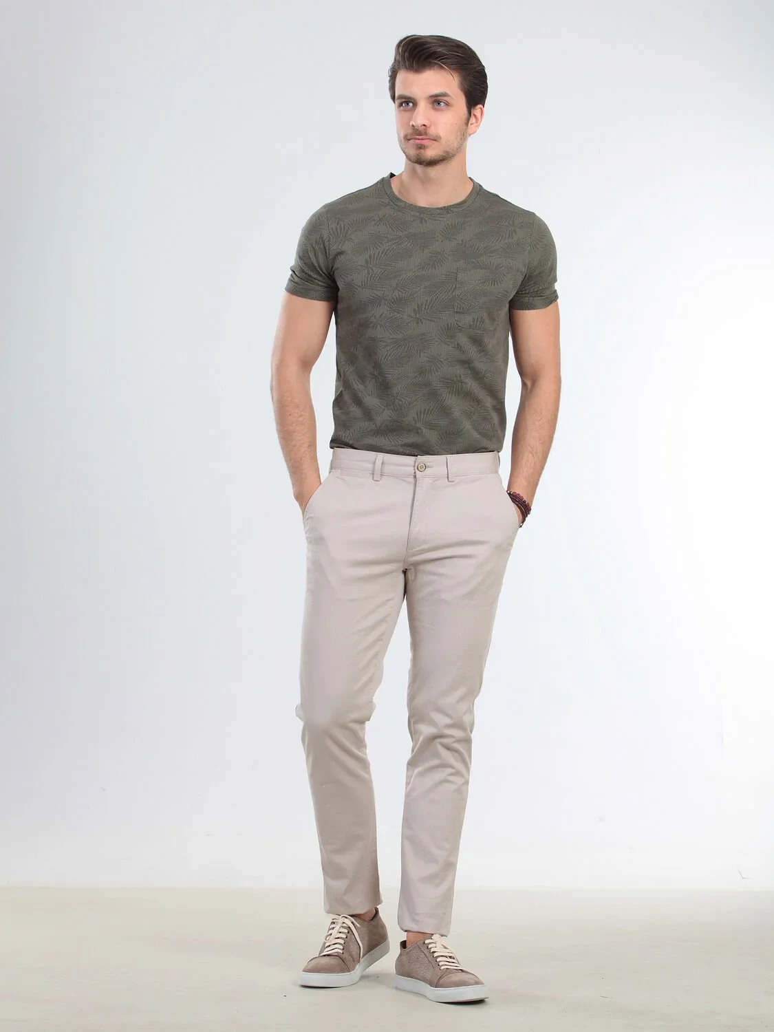 Bej Düz Dokuma Regular Fit Casual %100 Pamuk Pantolon - 1