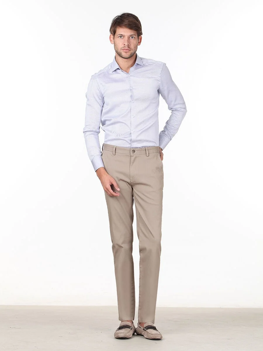 Bej Düz Dokuma Regular Fit Casual Pamuk Karışımlı Pantolon - 2