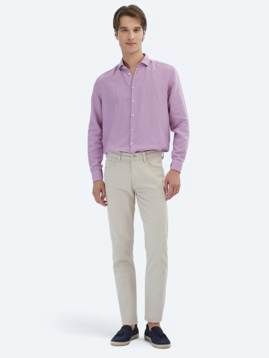 Bej Düz Dokuma Slim Fit Casual Pamuk Karışımlı Pantolon 