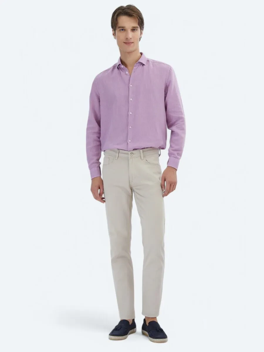 Bej Düz Dokuma Slim Fit Casual Pamuk Karışımlı Pantolon - 1