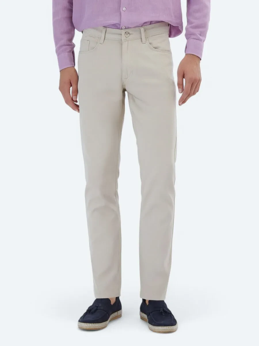 Bej Düz Dokuma Slim Fit Casual Pamuk Karışımlı Pantolon - 2