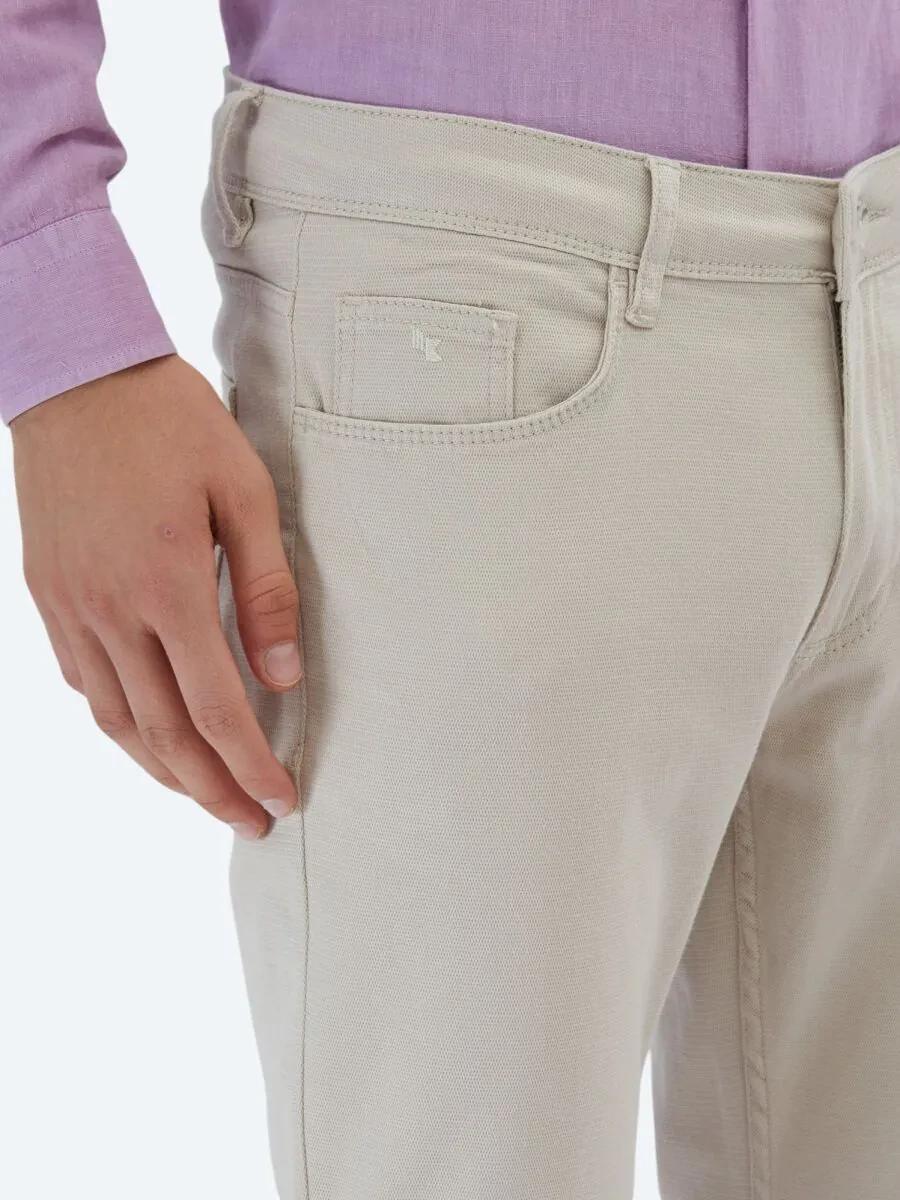 Bej Düz Dokuma Slim Fit Casual Pamuk Karışımlı Pantolon - 3