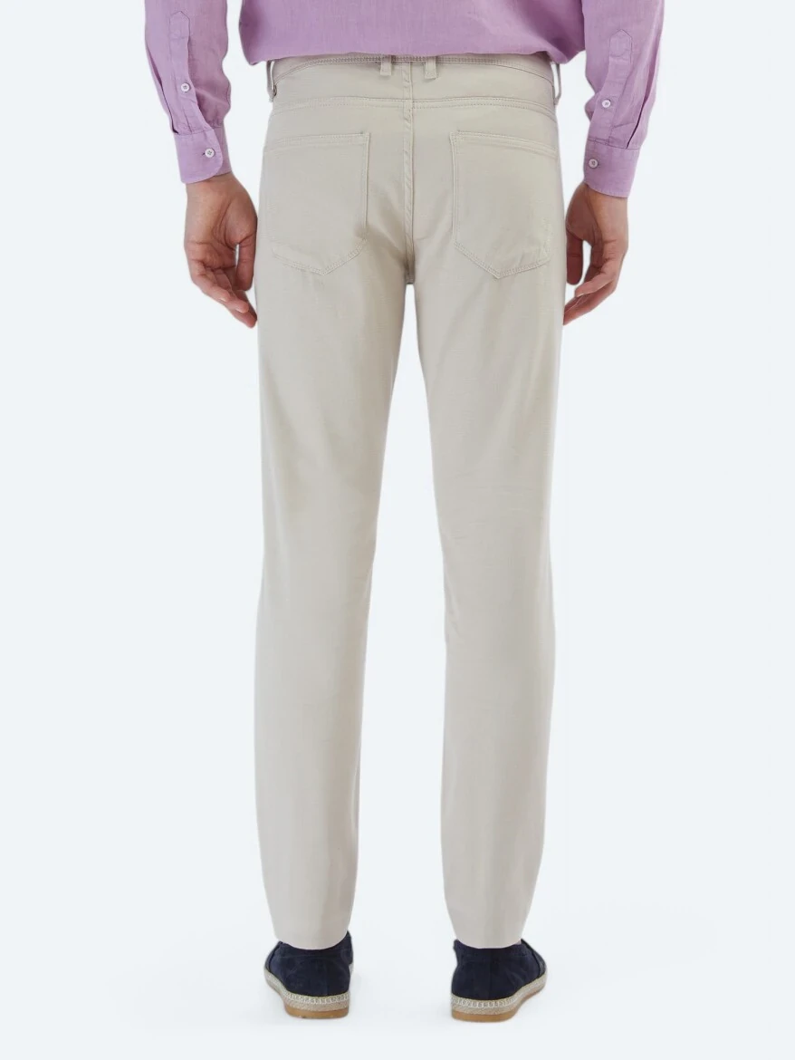 Bej Düz Dokuma Slim Fit Casual Pamuk Karışımlı Pantolon - 4
