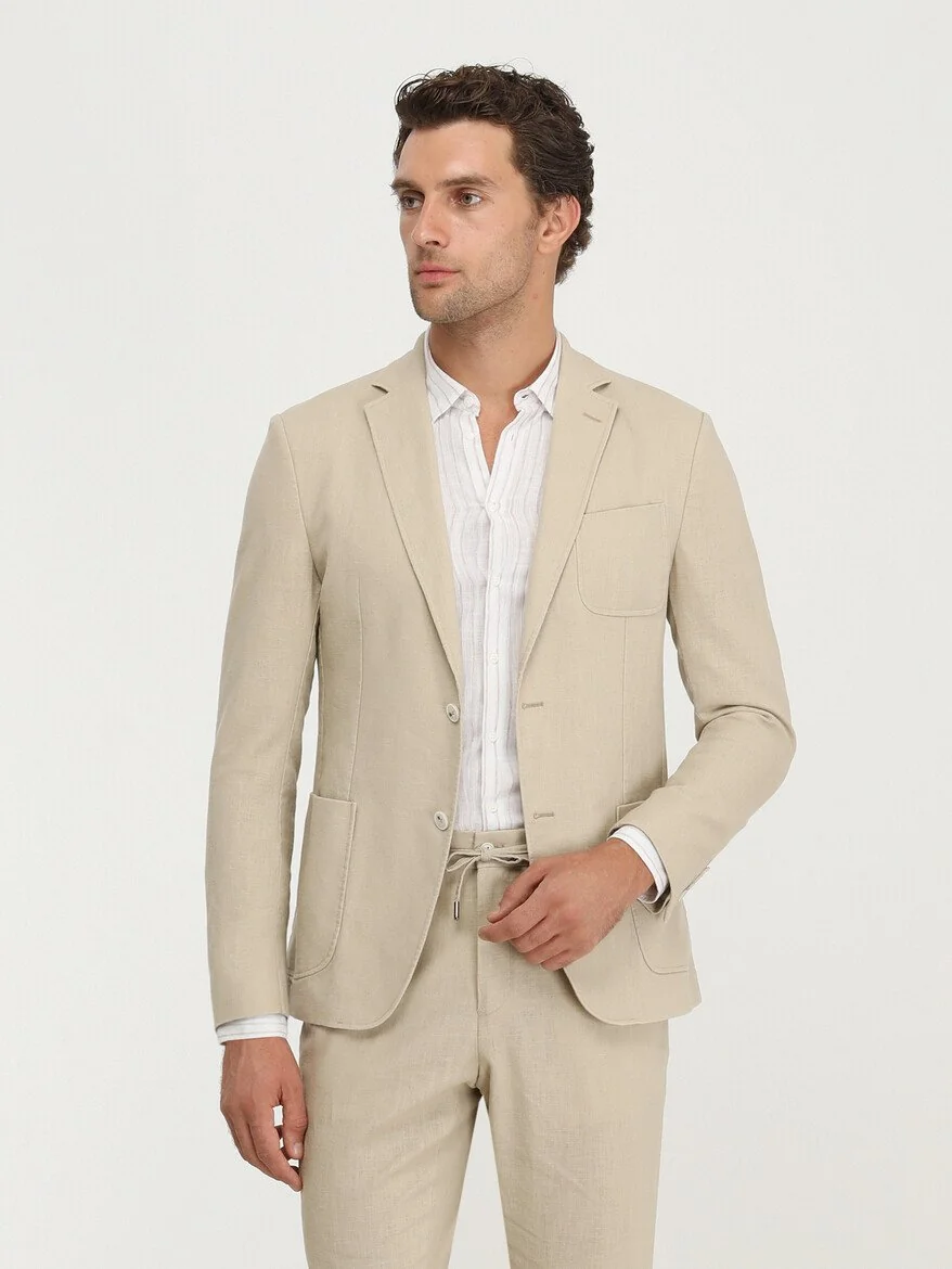 Bej Düz Modern Fit Takım Elbise - 1