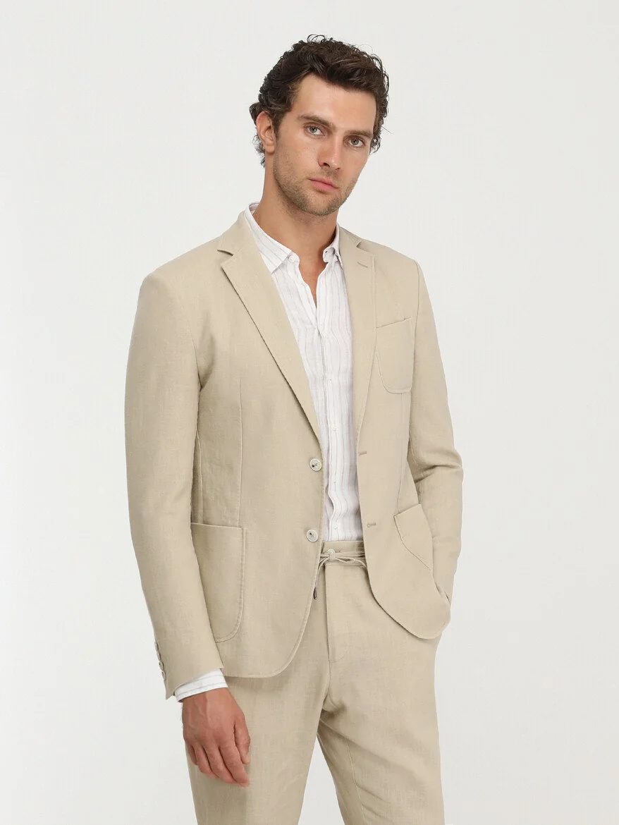 Bej Düz Modern Fit Takım Elbise - 2
