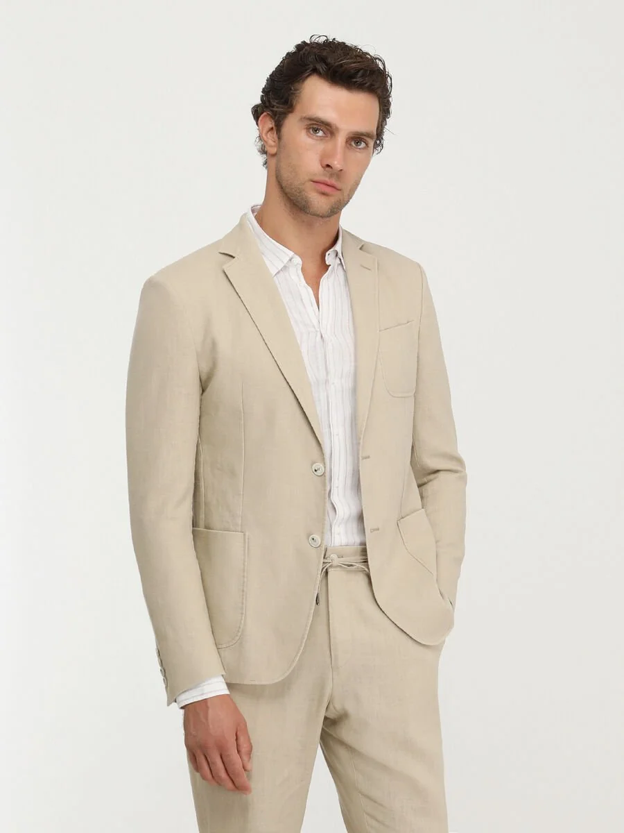 Bej Düz Modern Fit Takım Elbise - 2