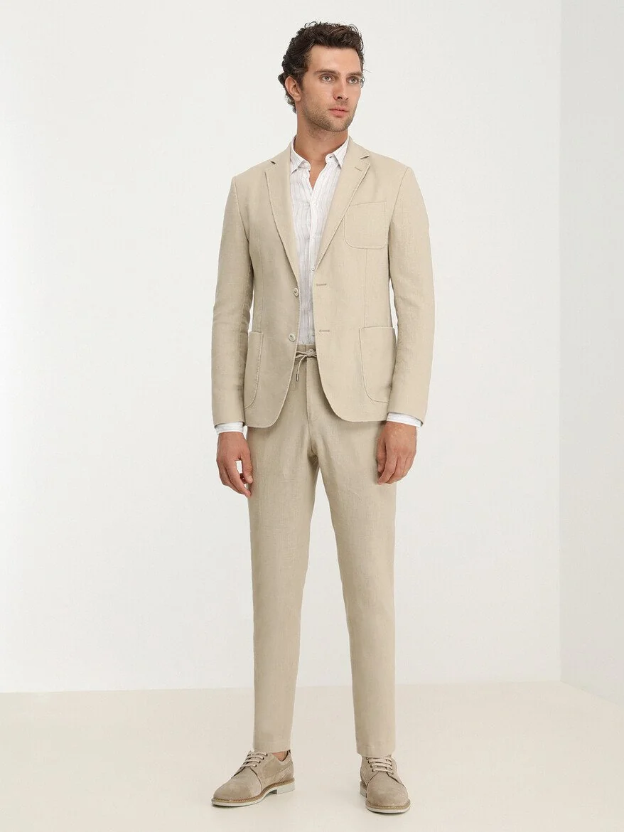 Bej Düz Modern Fit Takım Elbise - 6