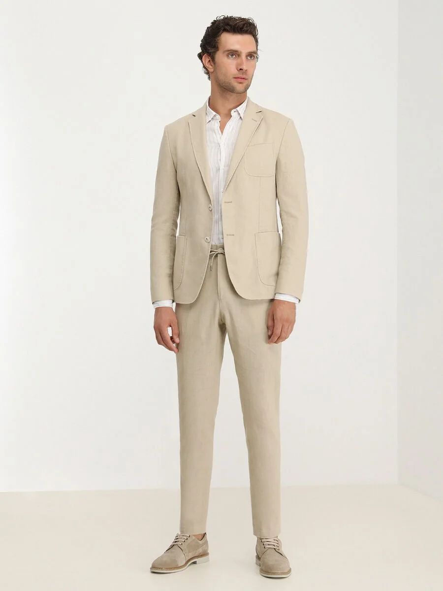 Bej Düz Modern Fit Takım Elbise - 6