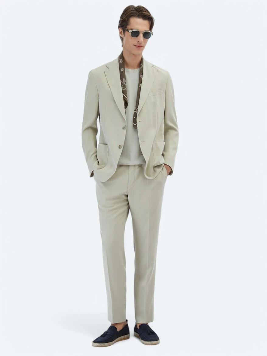Bej Düz Modern Fit Takım Elbise - 2