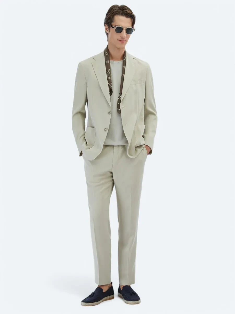 Bej Düz Modern Fit Takım Elbise - 2