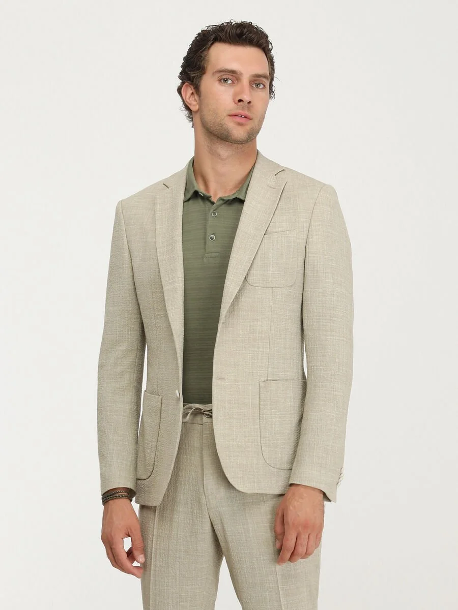 Bej Düz Modern Fit Yün Karışımlı Takım Elbise - 1