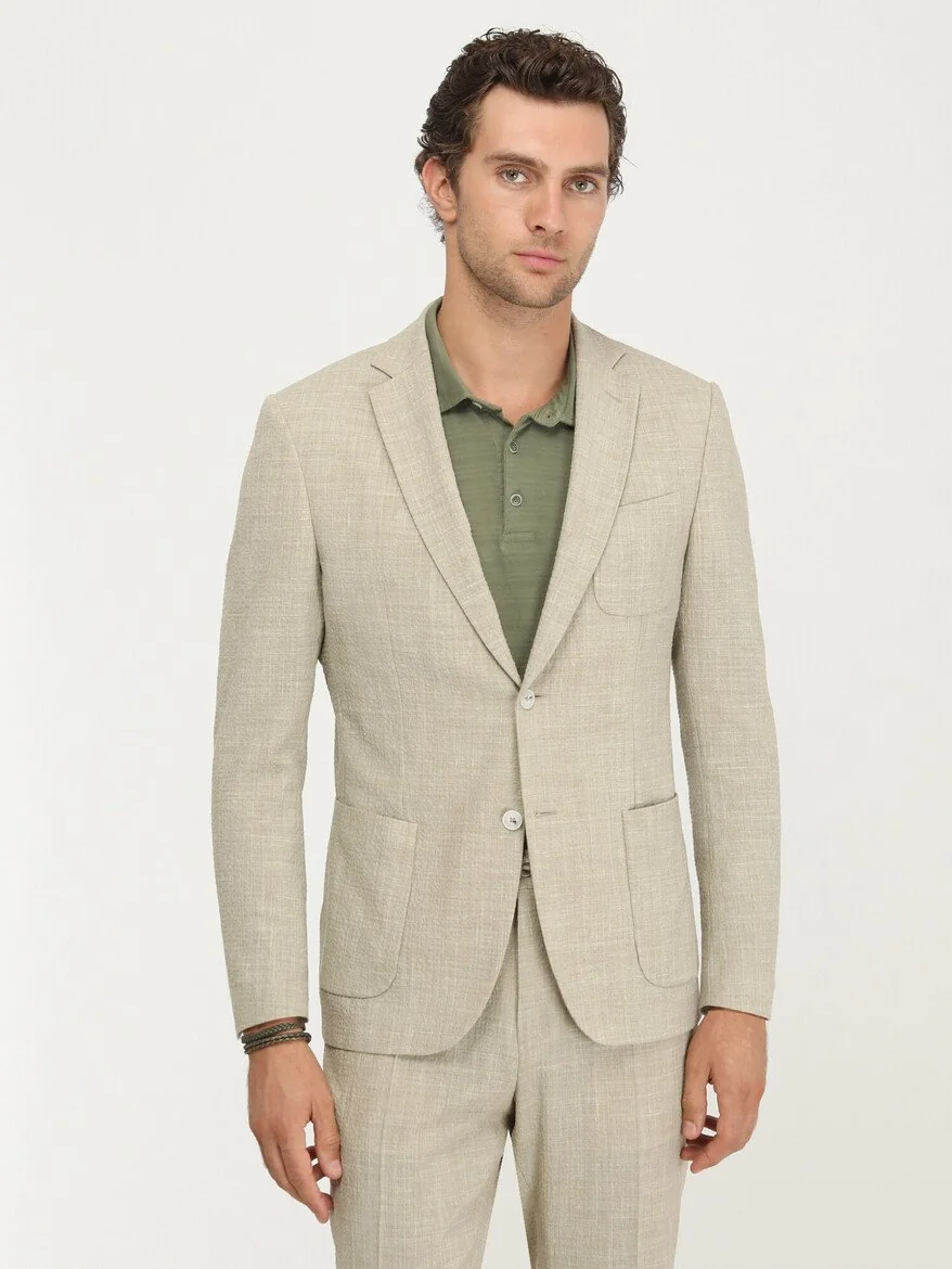 Bej Düz Modern Fit Yün Karışımlı Takım Elbise - 3