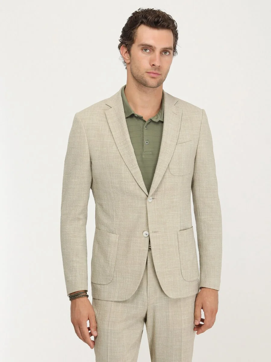 Bej Düz Modern Fit Yün Karışımlı Takım Elbise - 3