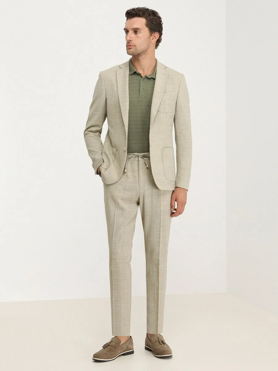 Bej Düz Modern Fit Yün Karışımlı Takım Elbise - 4