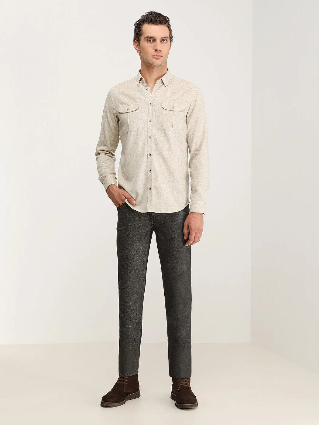 Bej Düz Regular Fit Dokuma Casual Pamuk Karışımlı Gömlek - 3