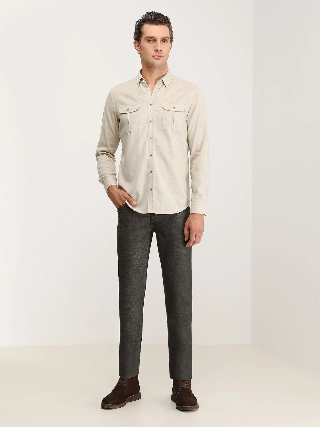 Bej Düz Regular Fit Dokuma Casual Pamuk Karışımlı Gömlek - 3