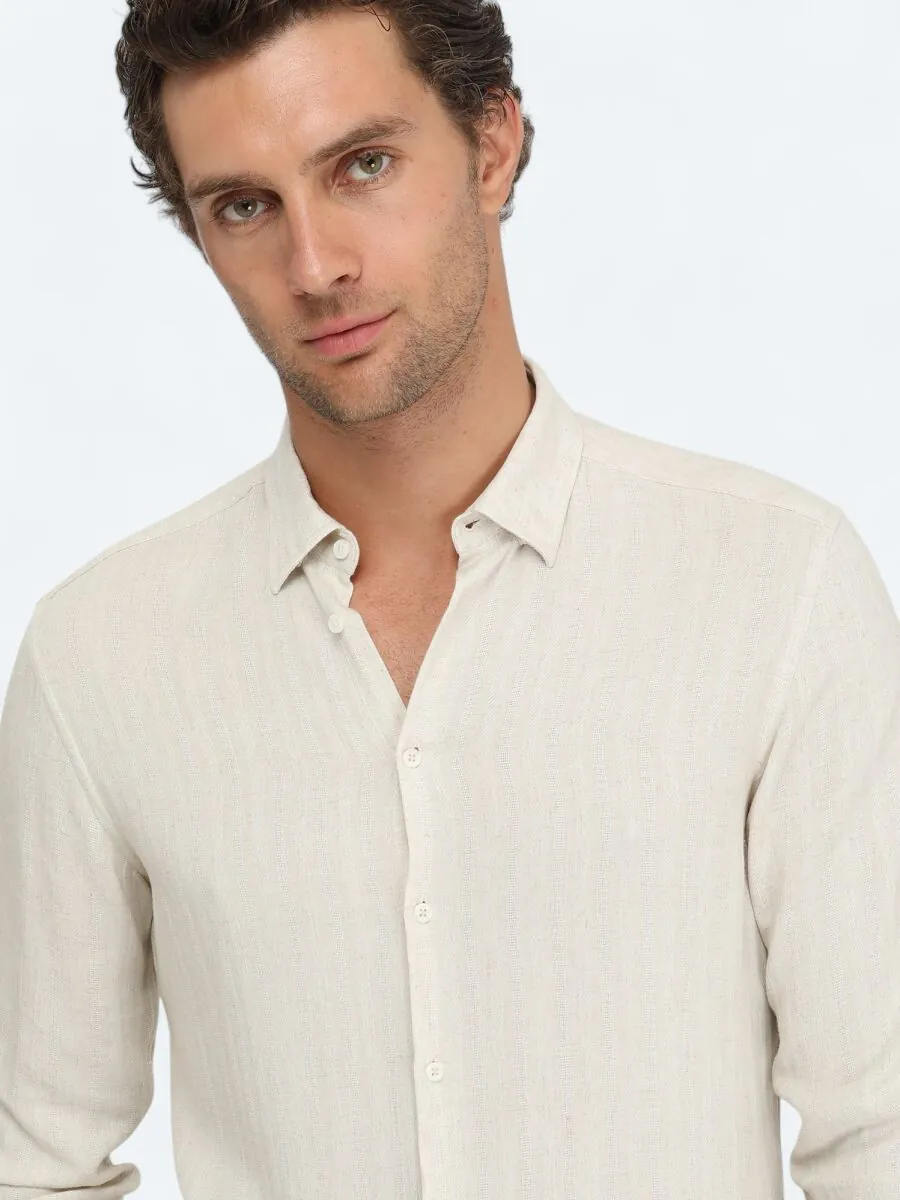 Bej Regular Fit Dokuma Casual Keten Karışımlı Gömlek - 1