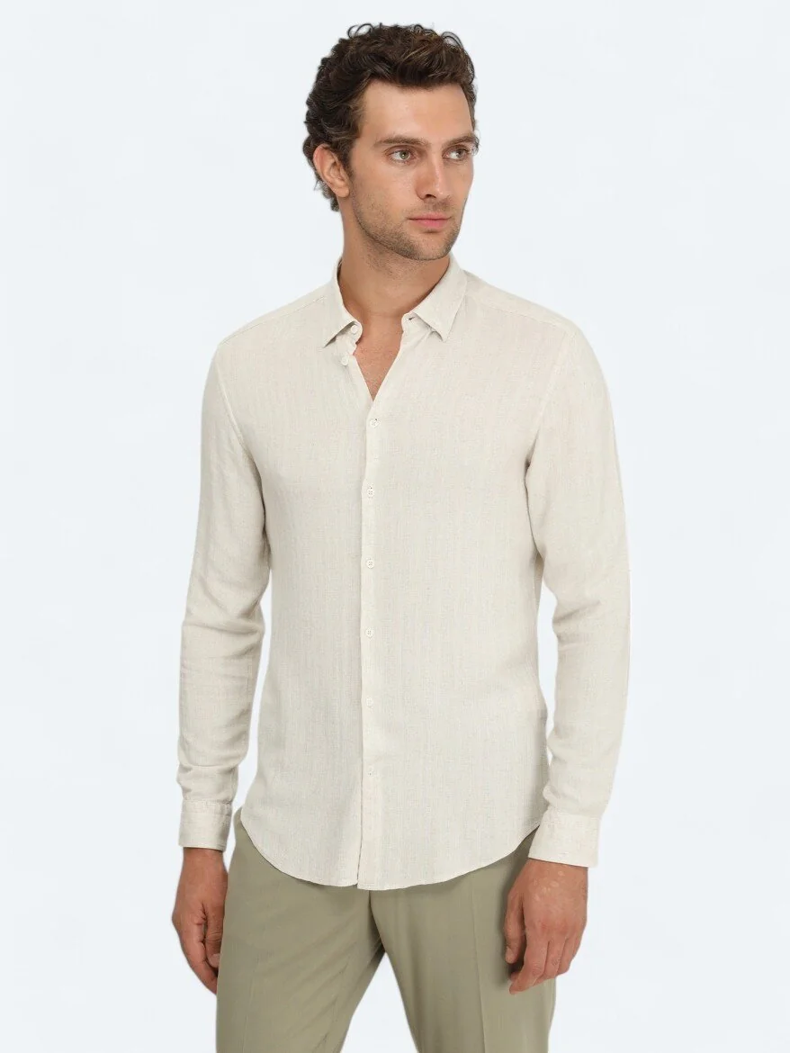 Bej Regular Fit Dokuma Casual Keten Karışımlı Gömlek - 2