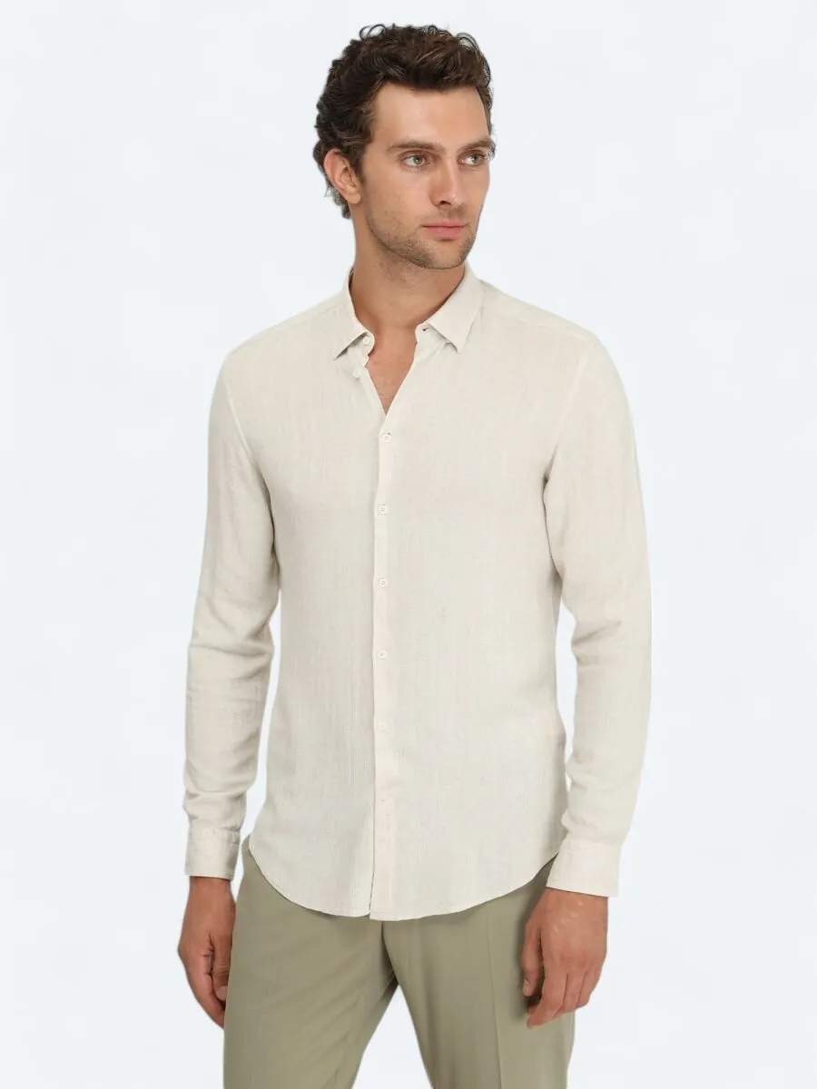 Bej Regular Fit Dokuma Casual Keten Karışımlı Gömlek - 2