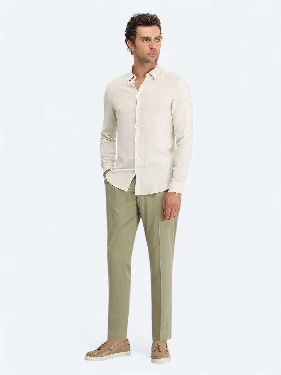 Bej Regular Fit Dokuma Casual Keten Karışımlı Gömlek - 4