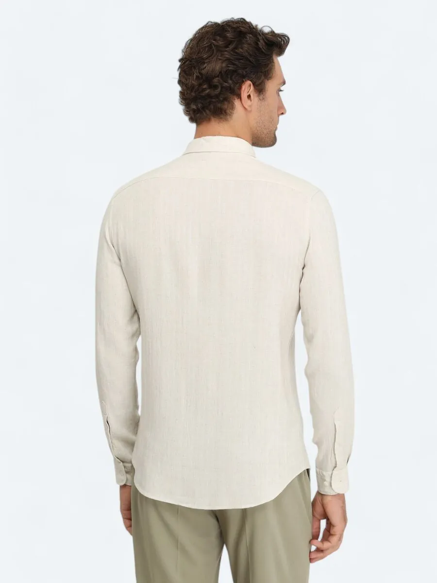 Bej Regular Fit Dokuma Casual Keten Karışımlı Gömlek - 5