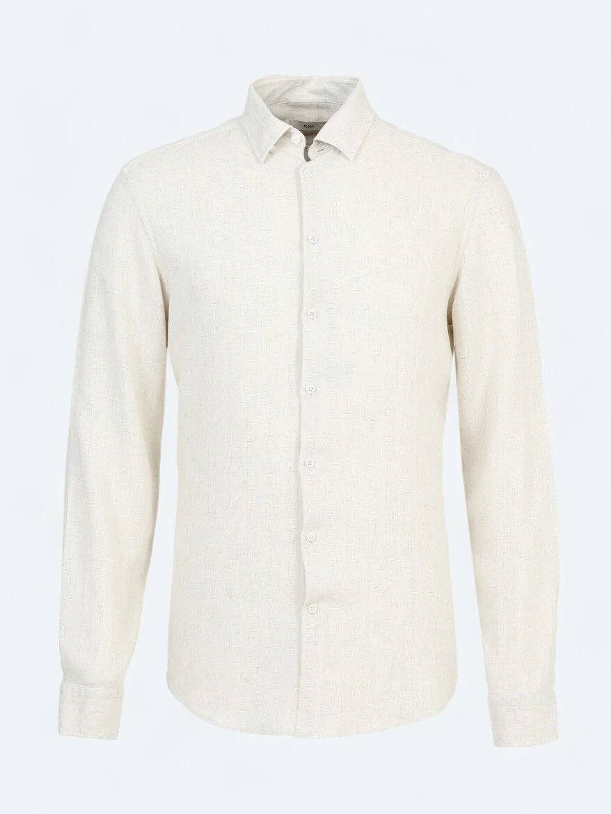 Bej Regular Fit Dokuma Casual Keten Karışımlı Gömlek - 6