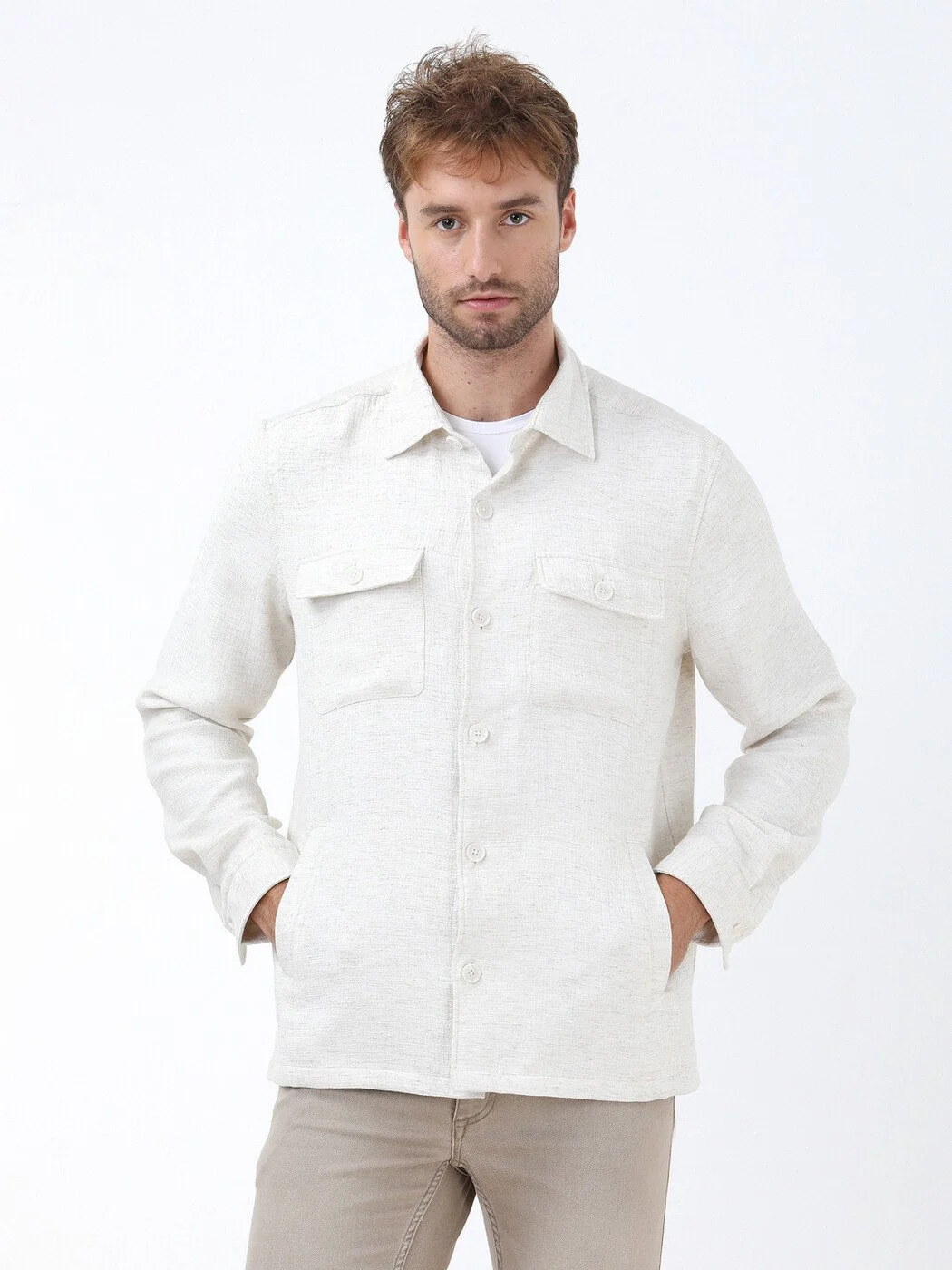 Bej Regular Fit Dokuma Keten Karışımlı Overshırt - 1