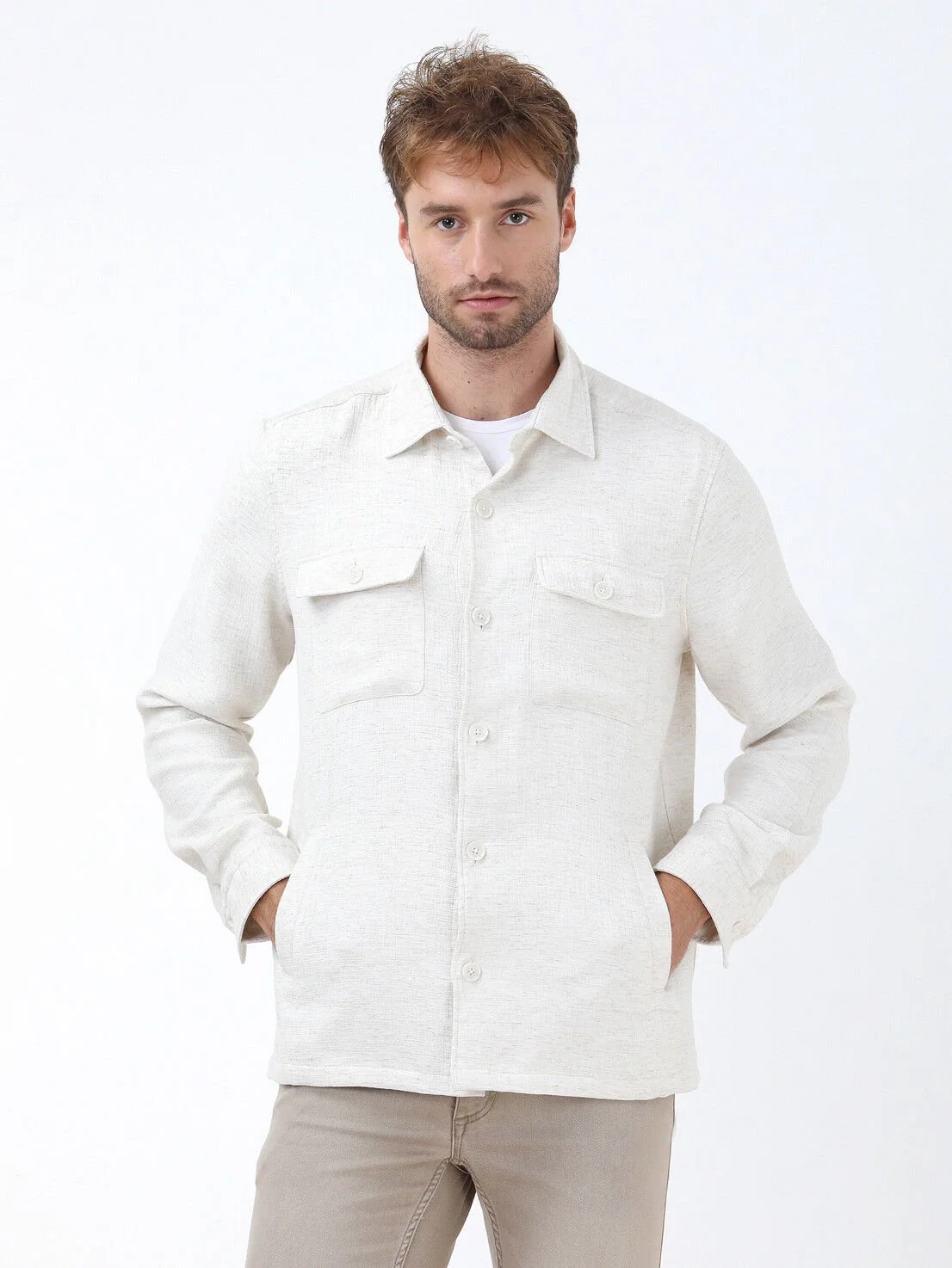 Bej Regular Fit Dokuma Keten Karışımlı Overshırt - 1