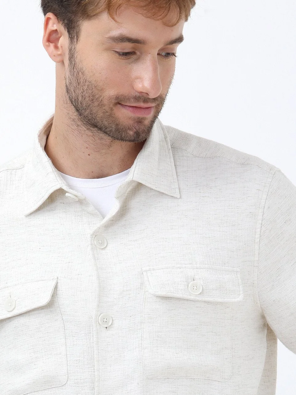 Bej Regular Fit Dokuma Keten Karışımlı Overshırt - 3