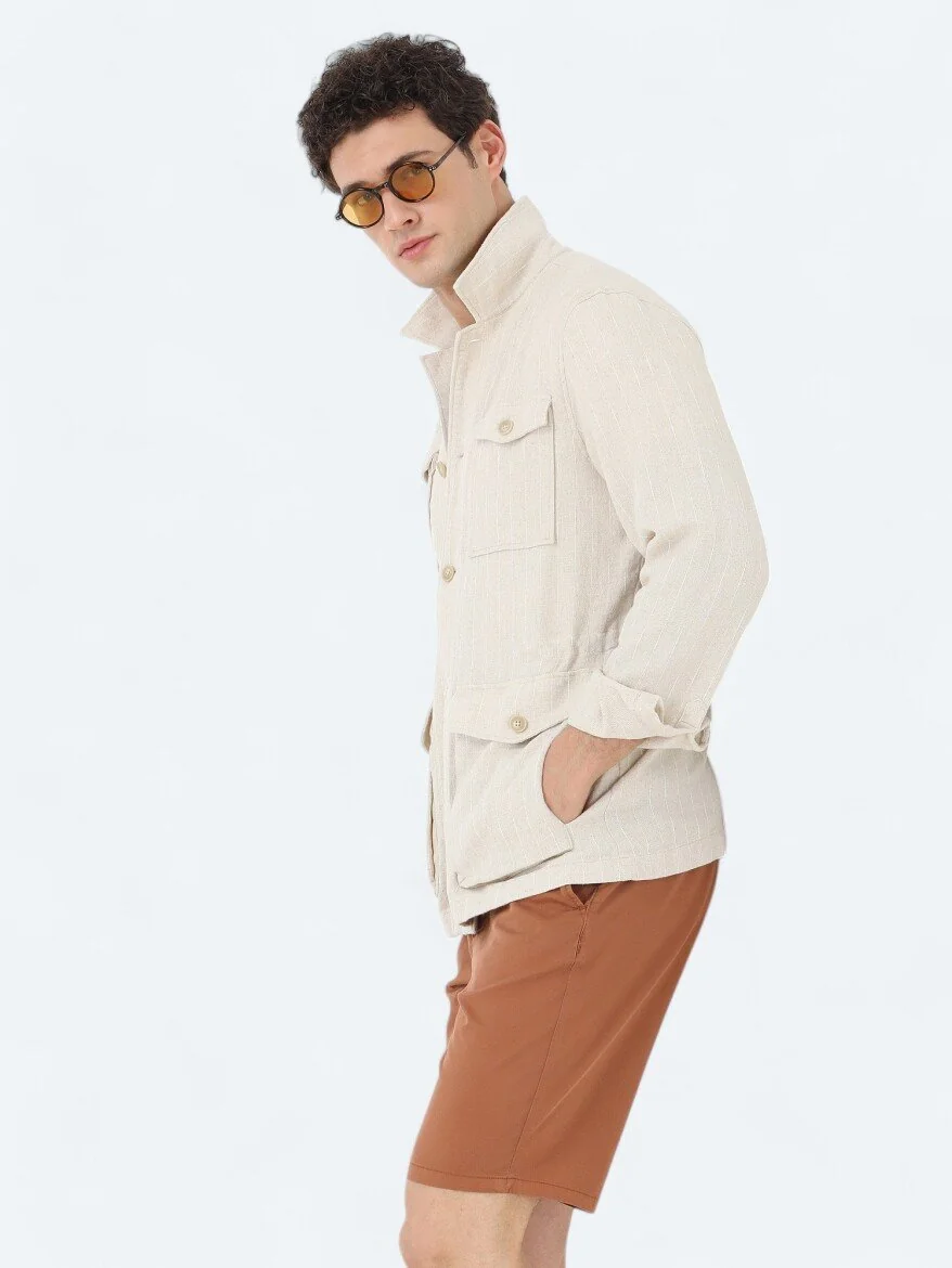 Bej Regular Fit Dokuma Pamuk Karışımlı Overshırt - 5