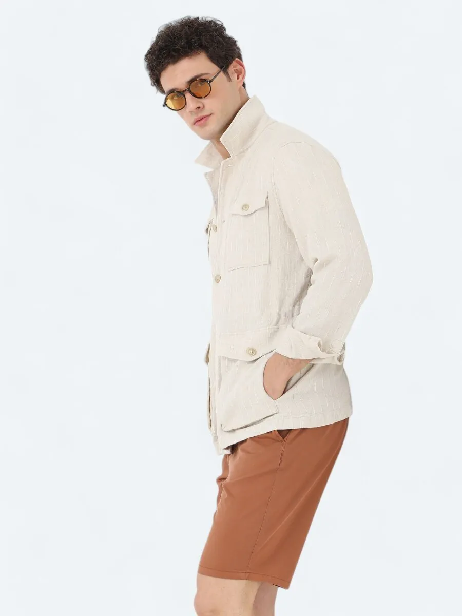 Bej Regular Fit Dokuma Pamuk Karışımlı Overshırt - 5