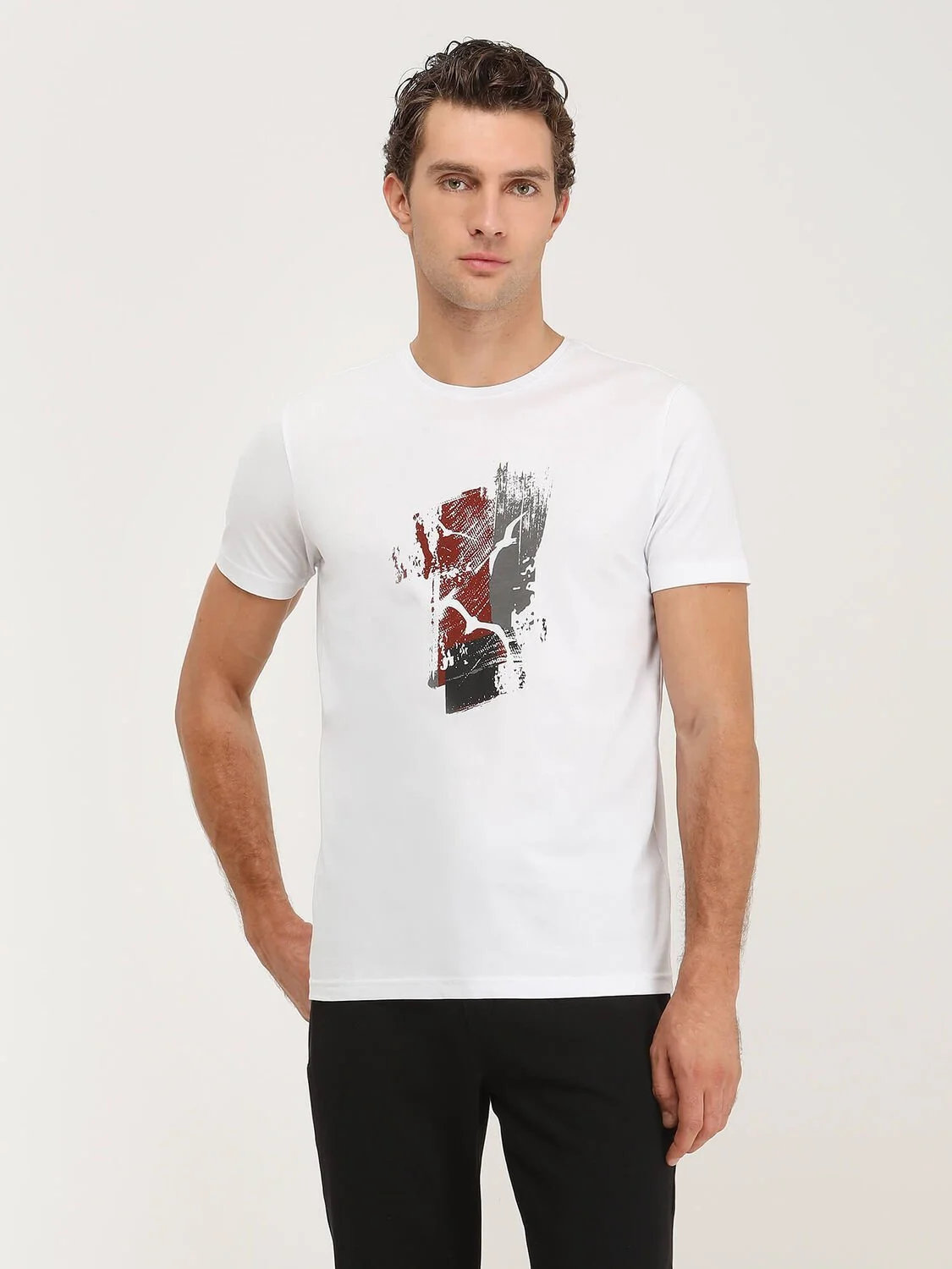 Beyaz Baskılı Bisiklet Yaka %100 Pamuk T-Shirt - 1