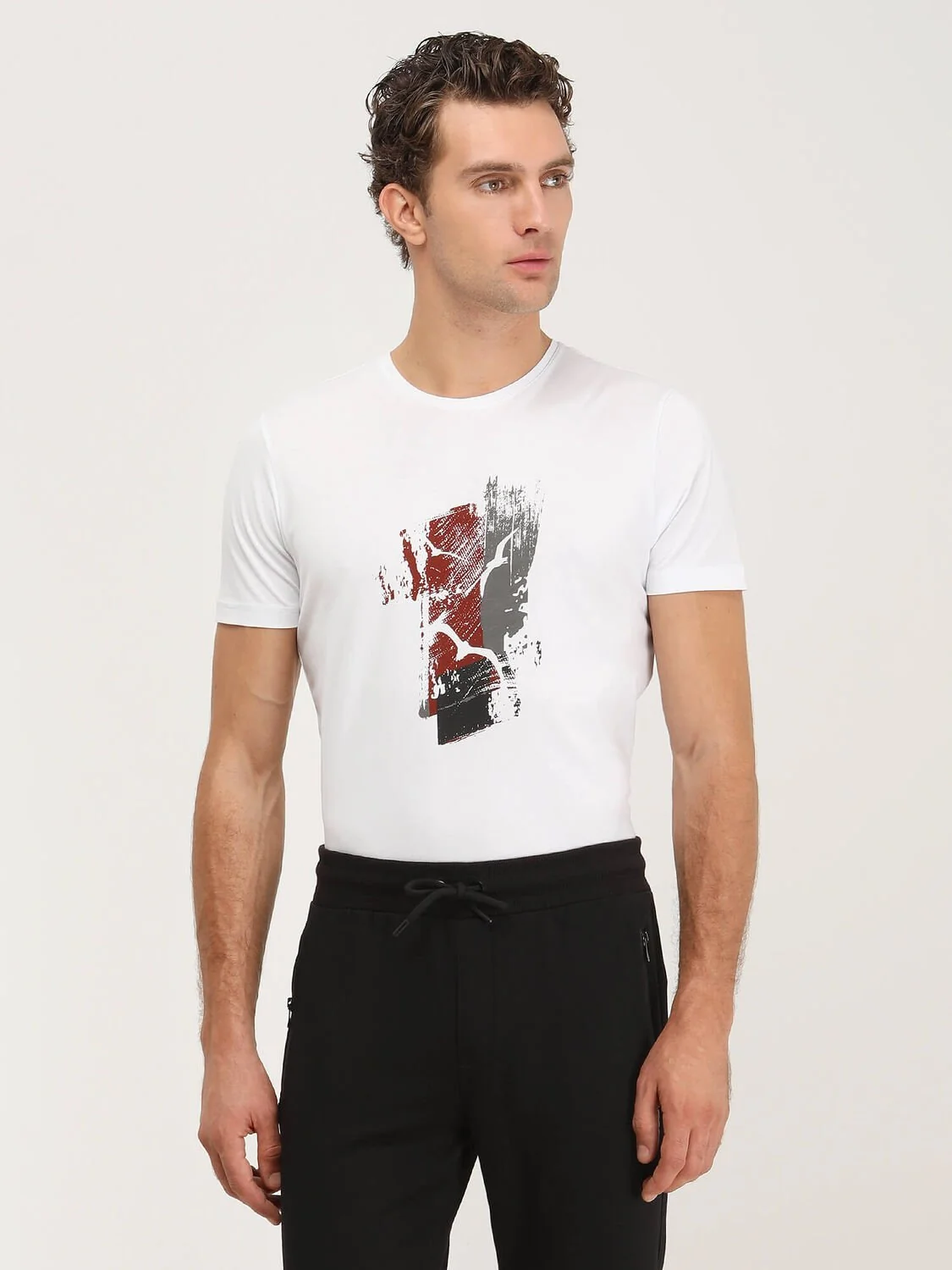 Beyaz Baskılı Bisiklet Yaka %100 Pamuk T-Shirt - 4