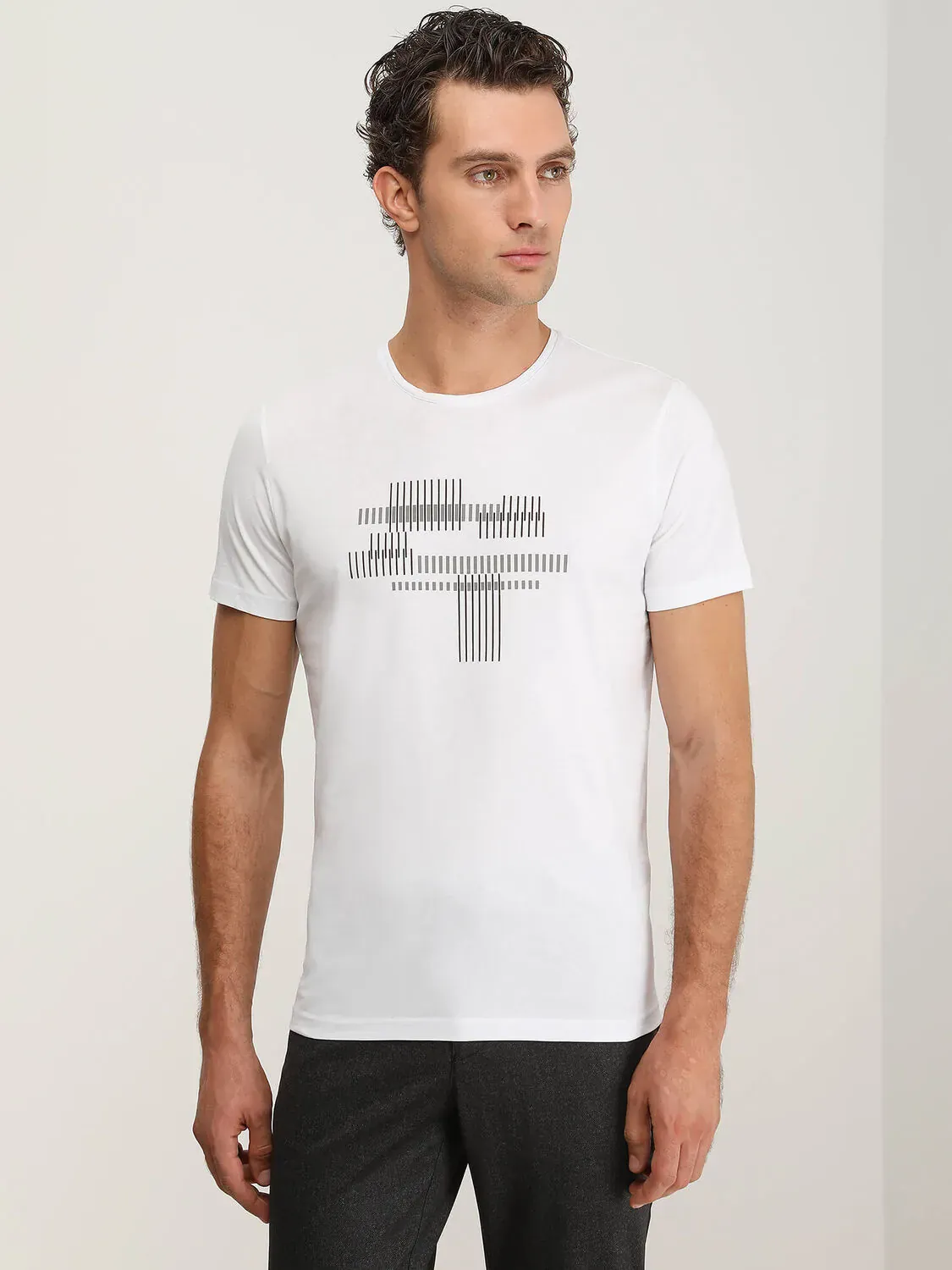 Beyaz Baskılı Bisiklet Yaka %100 Pamuk T-Shirt - 2