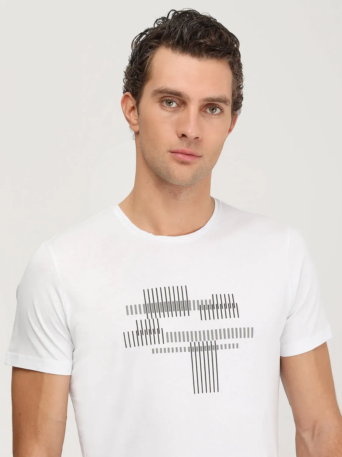 Beyaz Baskılı Bisiklet Yaka %100 Pamuk T-Shirt - 4