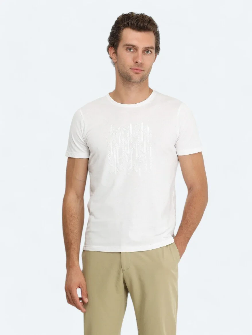 Beyaz Baskılı Bisiklet Yaka %100 Pamuk T-Shirt - 1