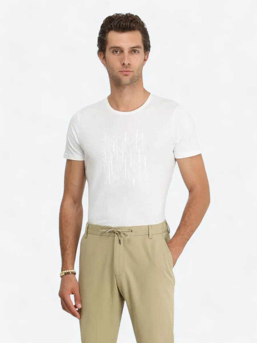 Beyaz Baskılı Bisiklet Yaka %100 Pamuk T-Shirt - 3