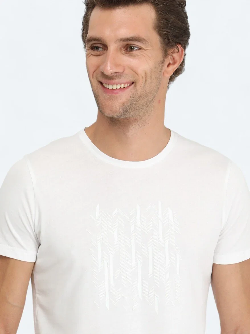 Beyaz Baskılı Bisiklet Yaka %100 Pamuk T-Shirt - 4