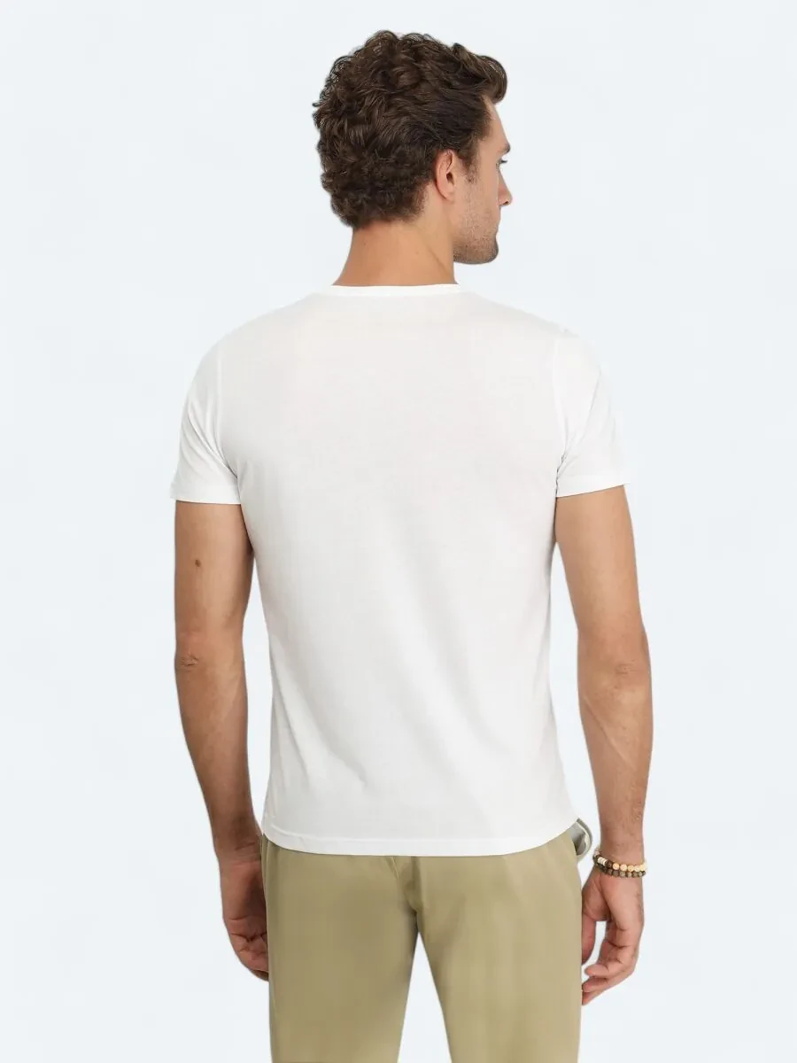 Beyaz Baskılı Bisiklet Yaka %100 Pamuk T-Shirt - 5
