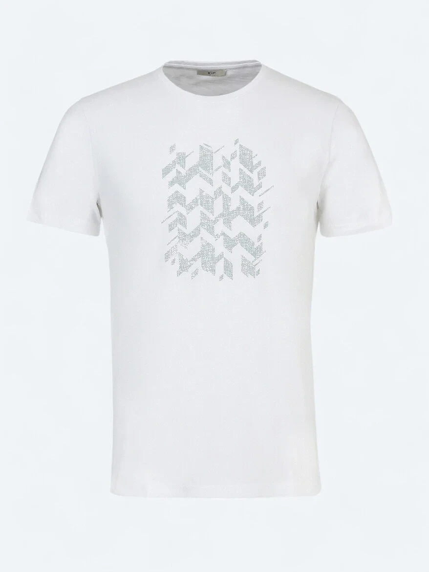 Beyaz Baskılı Bisiklet Yaka %100 Pamuk T-Shirt - 6