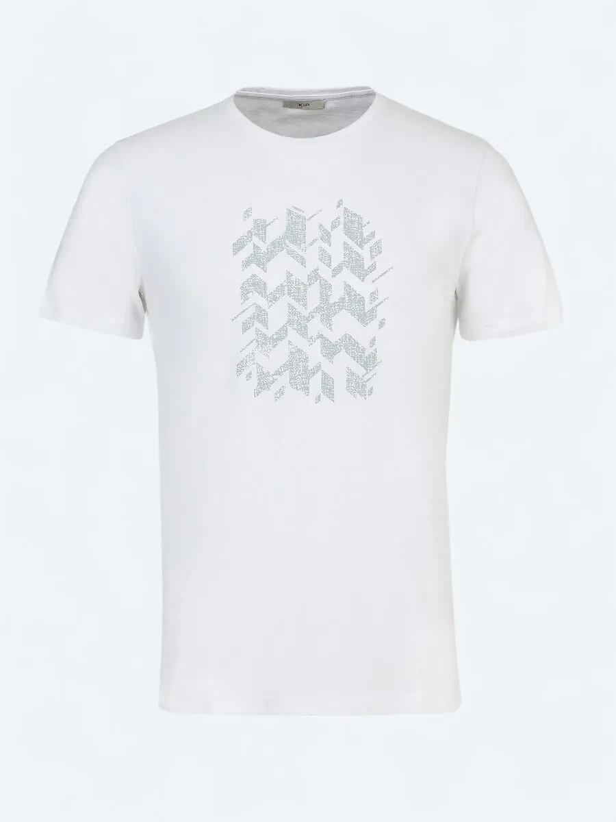 Beyaz Baskılı Bisiklet Yaka %100 Pamuk T-Shirt - 6