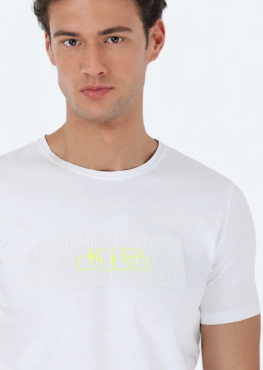 Beyaz Baskılı Bisiklet Yaka %100 Pamuk T-Shirt - 5
