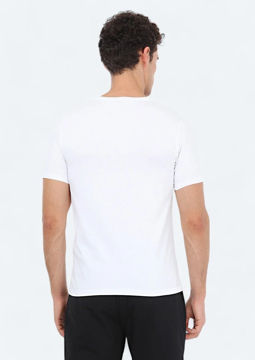 Beyaz Baskılı Bisiklet Yaka %100 Pamuk T-Shirt - 6