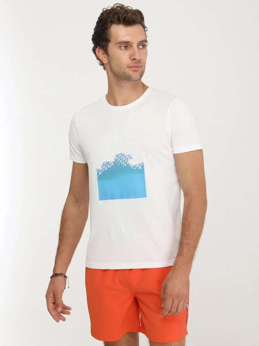 Beyaz Baskılı Bisiklet Yaka %100 Pamuk T-Shirt - 1