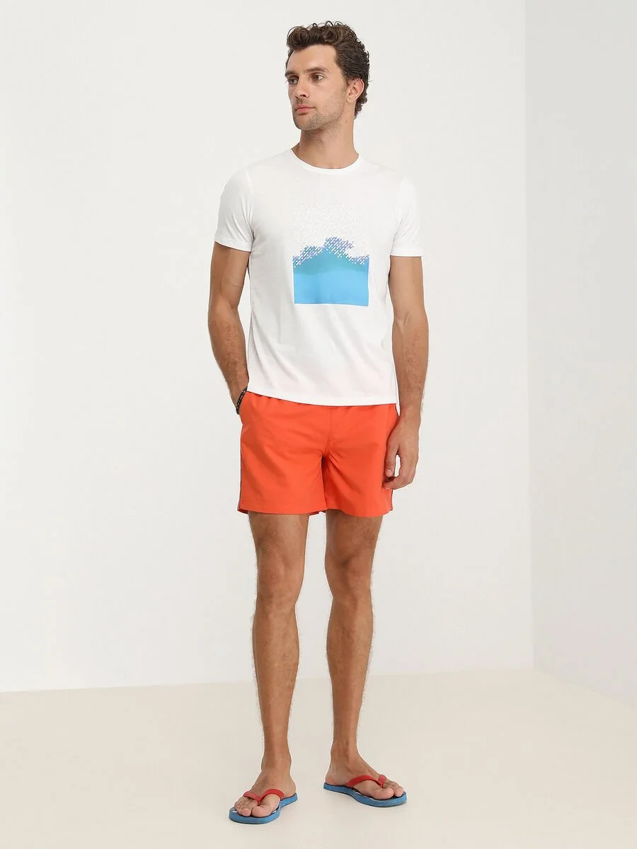 Beyaz Baskılı Bisiklet Yaka %100 Pamuk T-Shirt - 2