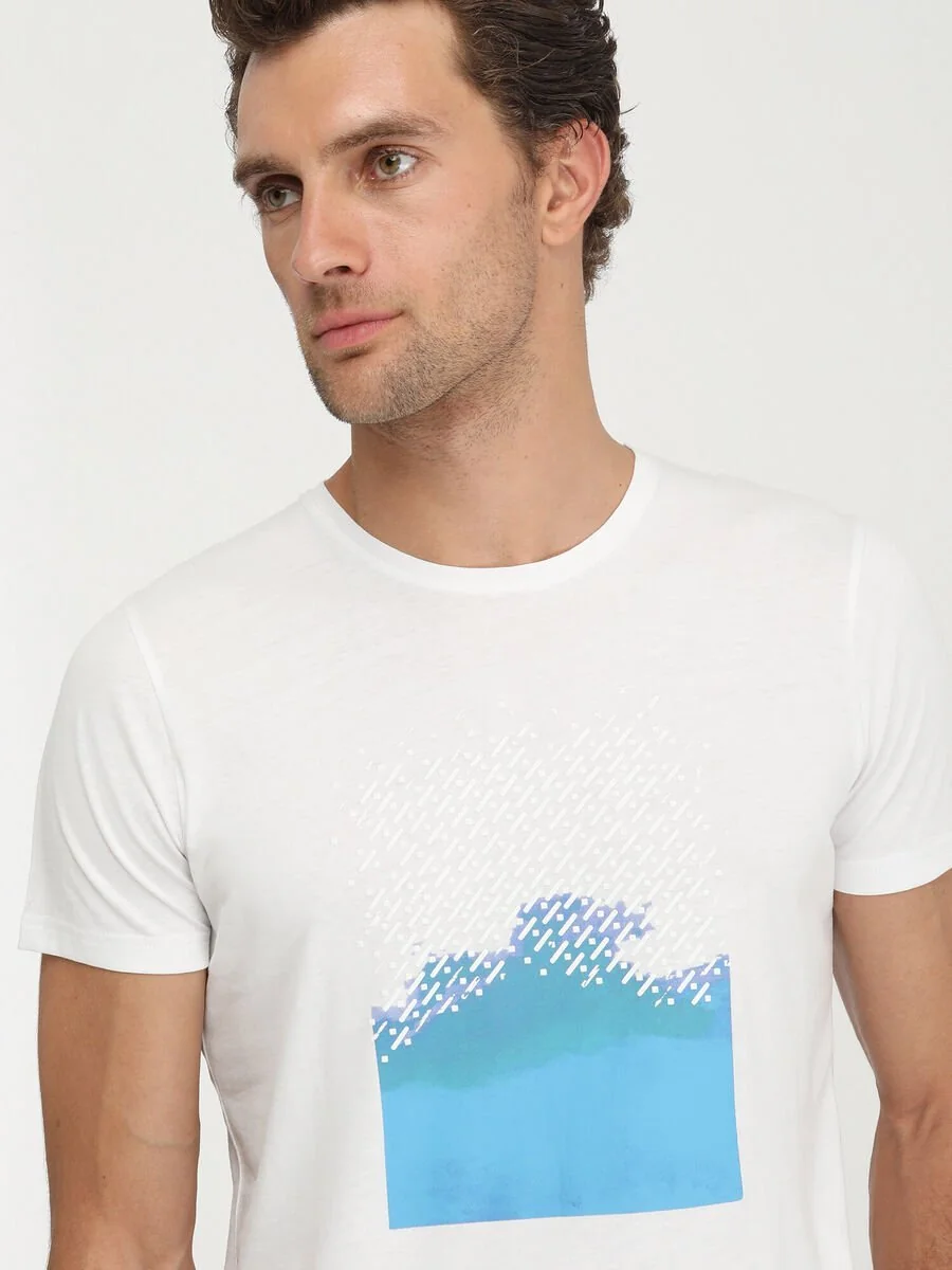 Beyaz Baskılı Bisiklet Yaka %100 Pamuk T-Shirt - 3