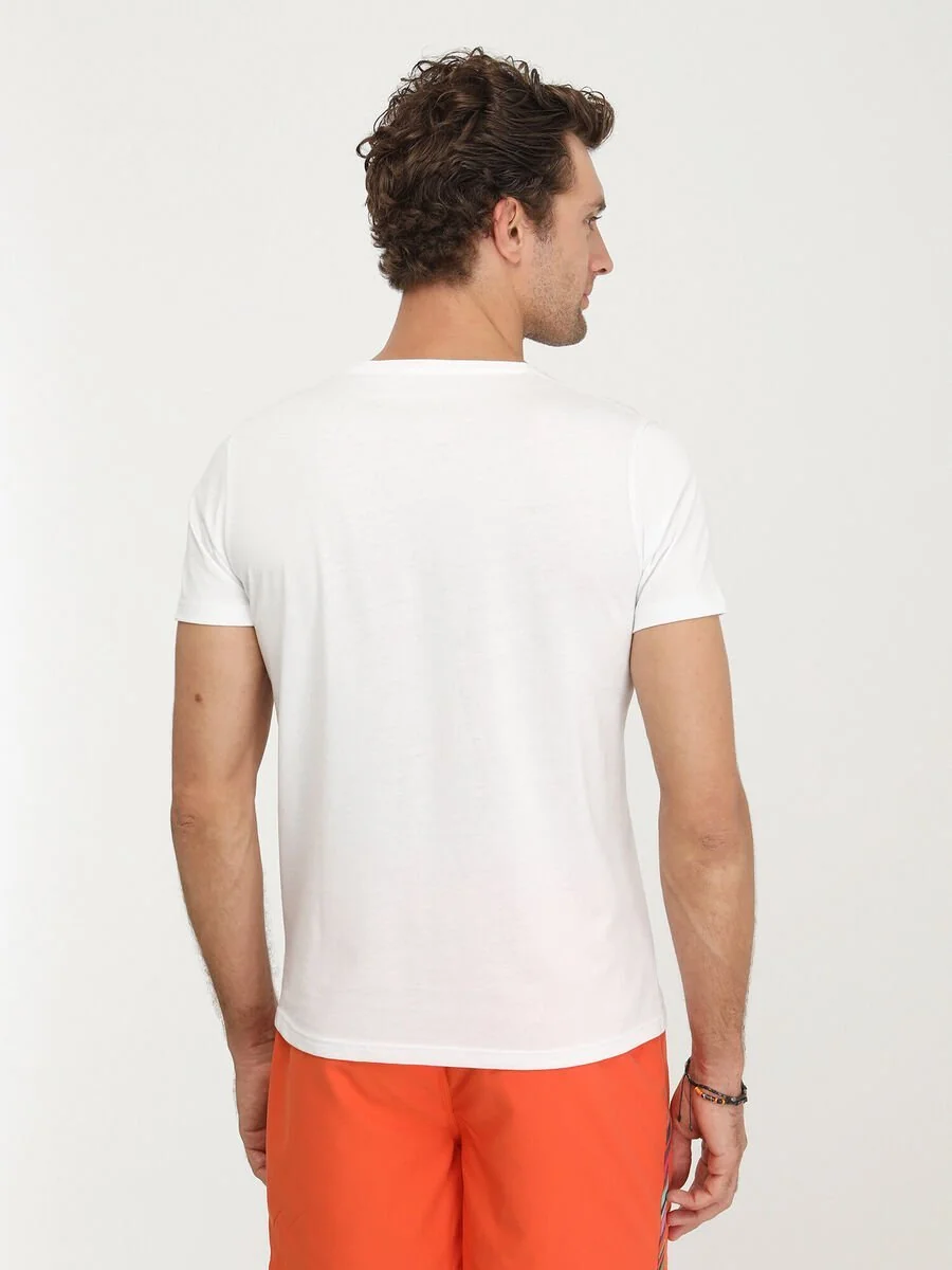 Beyaz Baskılı Bisiklet Yaka %100 Pamuk T-Shirt - 4