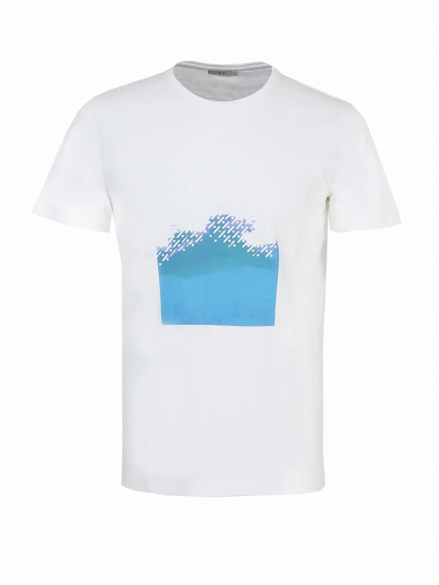 Beyaz Baskılı Bisiklet Yaka %100 Pamuk T-Shirt - 5
